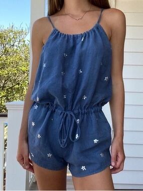 cloth & stone Anthropologie Blue Star Print Chambray Romper Size S